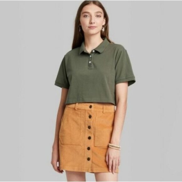 Women's Short Sleeve Boxy Cropped Polo T-Shirt - Wild Fable Olive Green S Small - Picture 1 of 8